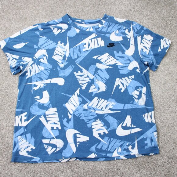 Nike AOP Shirt Mens 2XL XXL Blue Sportswear Essentials Logo All Over Print S/S - Picture 1 of 13